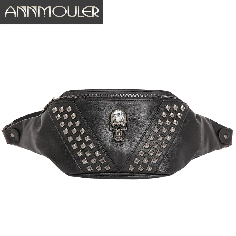 Annmouler Unisex Waist Bag Pu Leather Punk Travel Phone Belt Bag Women and Men Fanny Pack Shoulder Bag Skull Fashion Hip Bag