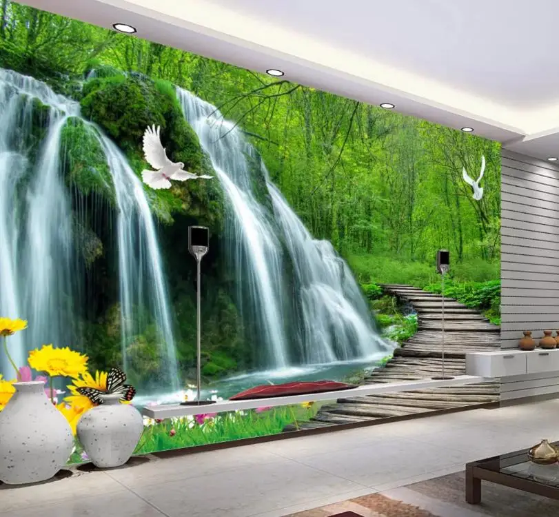 

Waterfall wooden bridge 3D TV background wall decorative painting 3d landscape wallpaper