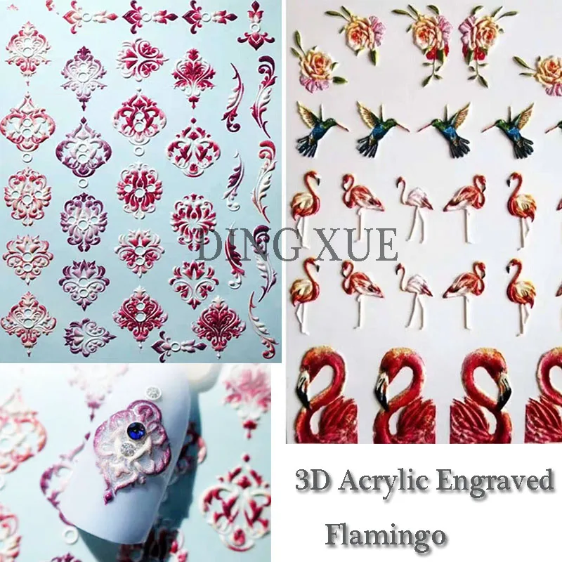 1pc 3D Acrylic Engraved Flamingo Lotus bee Nail Sticker Embossed Rose Flower Water Decals Empaistic Nail Water Slide DecalsZ0097