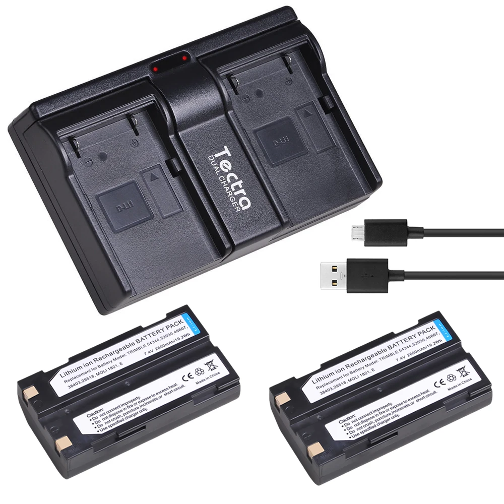 2600mAh 2PCS Batteries for Trimble 54344 52030 38403 5700 29518 46607 5800 R6 R7 R8 GNSS MT1000 GPS Receiver+Dual USB Charger