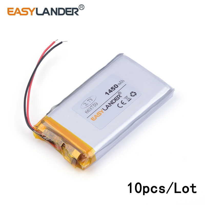 

10pcs/Lot 663759 1450mah 3.7v lithium Li ion polymer rechargeable battery For MP4 PSP GPS Digital Product andorid phone toys PDA