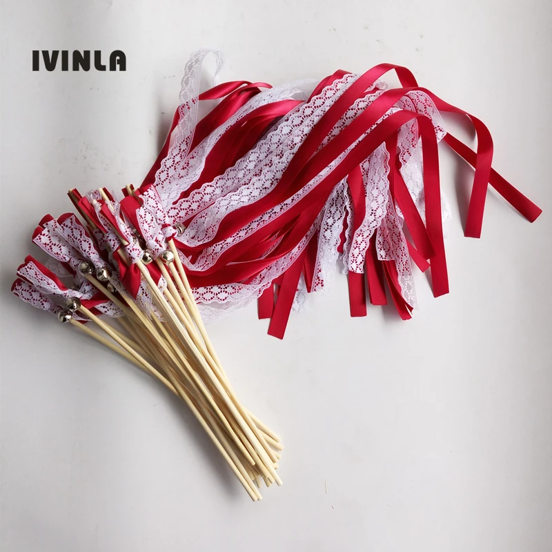 

50pcs/lot Red Wedding Wands with white lace and sliver Bells for wedding decoration