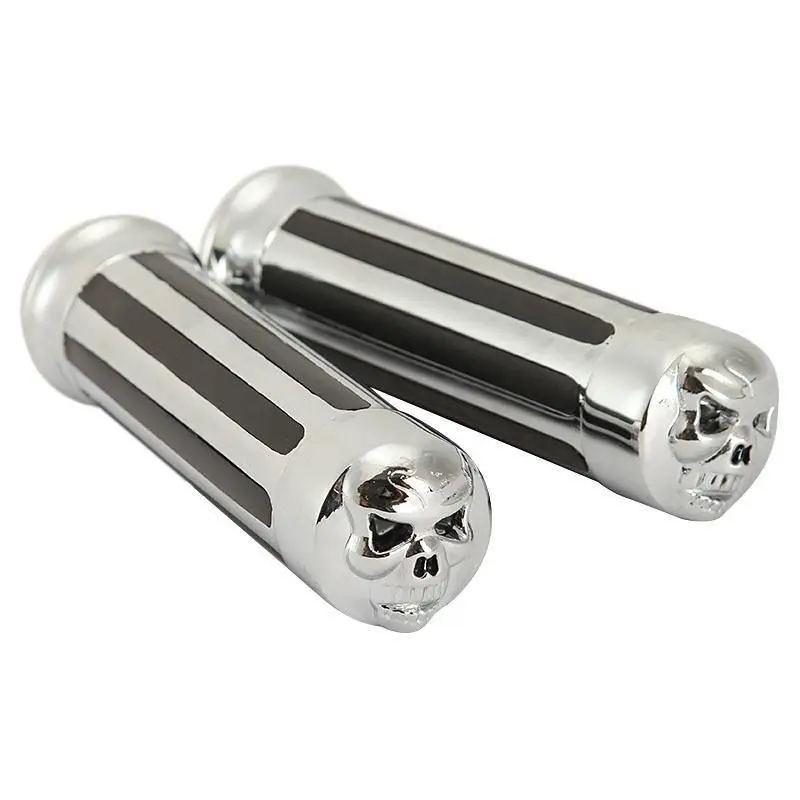 Chrome Aluminium Motorcycle Grips 22mm Rubber Hand Skidproof Skull Pair 7/8inch Handlebar Motorbike Cruise Accessories Enduro