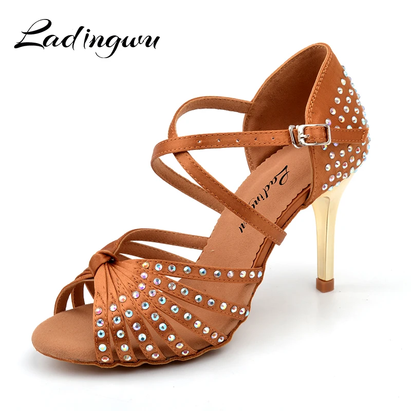 Ladingwu Dance Latin Shoes for Women Satin brown/Black Ballroom Dancing Shoes for Girls Glitter Rhinestone Boutique Heel 7.5/8.5