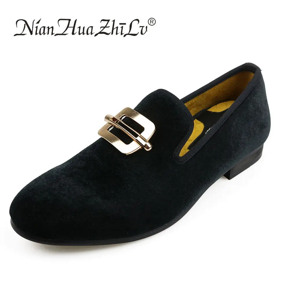 XQWFH Men\'s Loafers Vintage Velvet Flats Male Leather Shoes Slip-on Driving Casual Shoes with Gold Buckle Wedding Dress Shoes