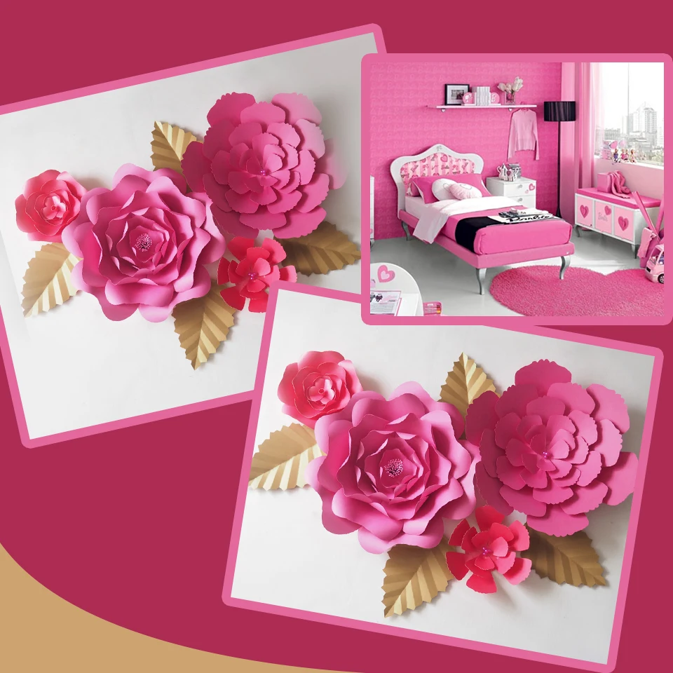 

DIY Pink Giant Paper Flowers Backdrop Artificial Flower 4PCS+Leaves 4PCS Wedding & Party Deco Home Decoration Video Mix 20-50cm