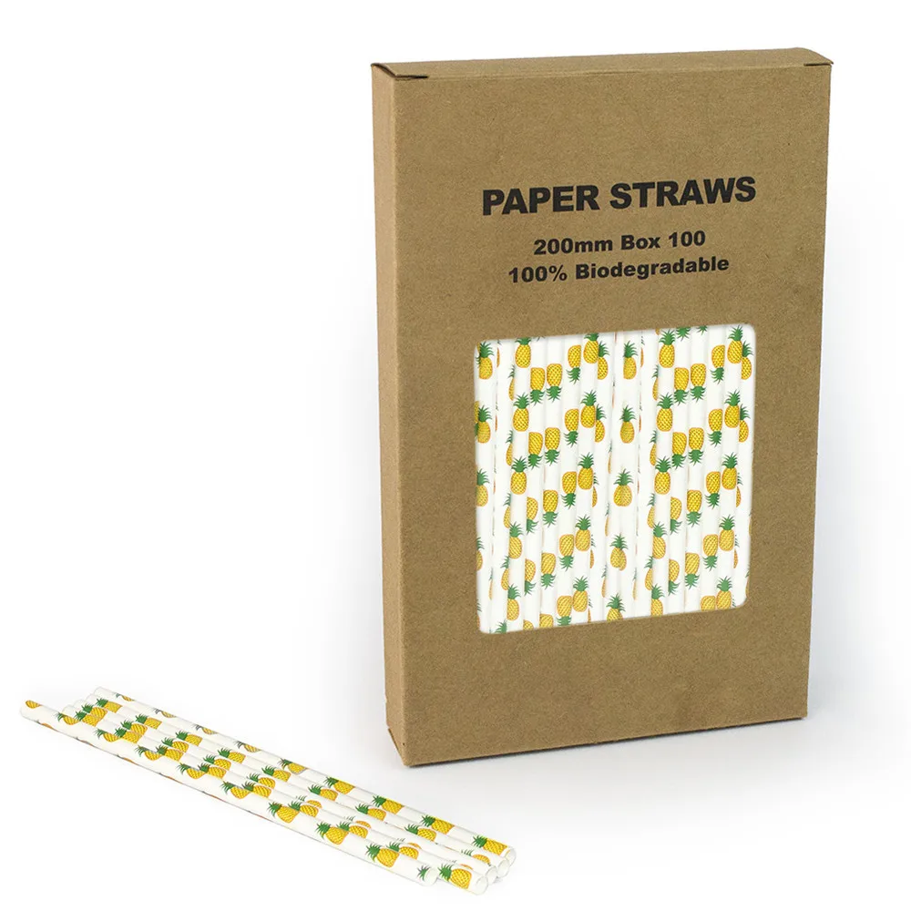 

100 pcs/Box Yellow Pineapple Paper Straws Bulk,Beach Bachelorette Summer Luau Birthday Party Bar Drinking Fruit Mason Jar Straws