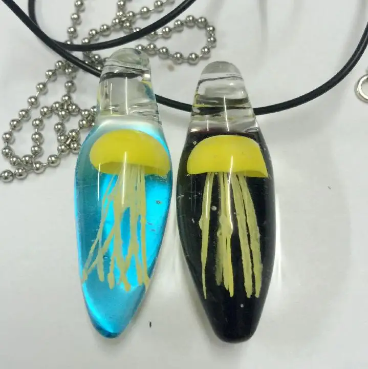 

2 PCS 100% handcraft Yellow Jellyfish on Mix Glass Teardrop Pendant Necklace Charm Punk Hippie