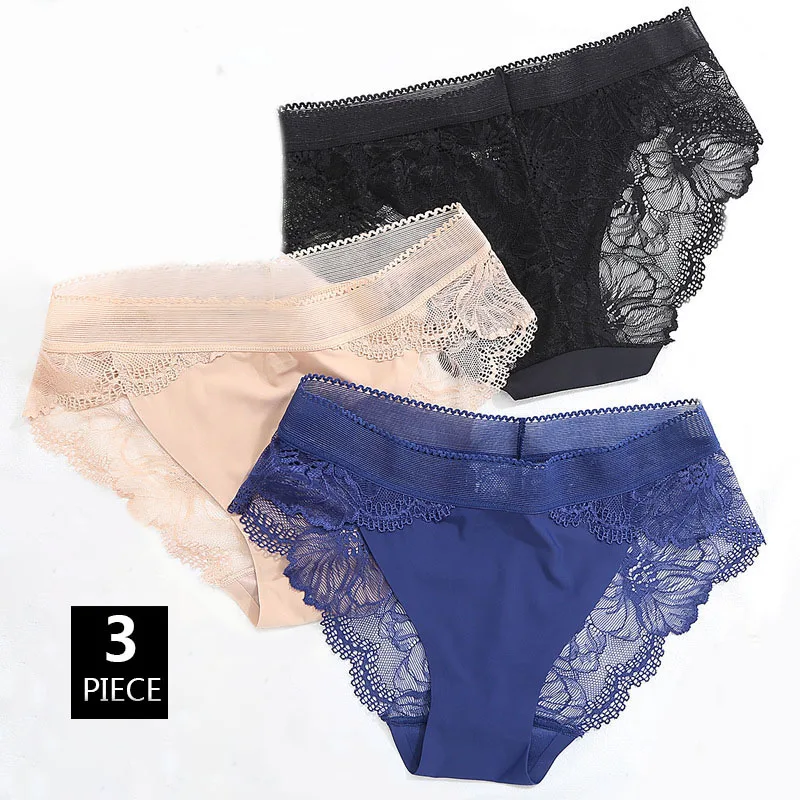 3PCS Seamless Sexy Hollow Lace Panties Women Ice Silk Transparent Temptation Flower Underwear Middle Waist Soft Smooth Breifs