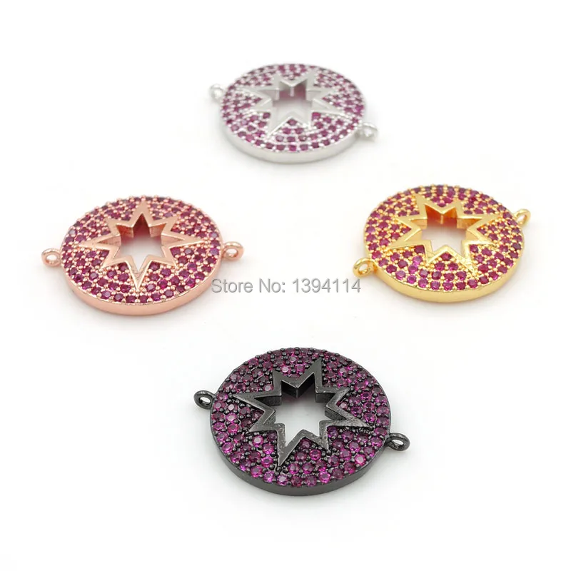 

25*20*3mm Micro Pave Red CZ Round Connector With Hollow Octagram Fit For Women As DIY Bracelets Accessory