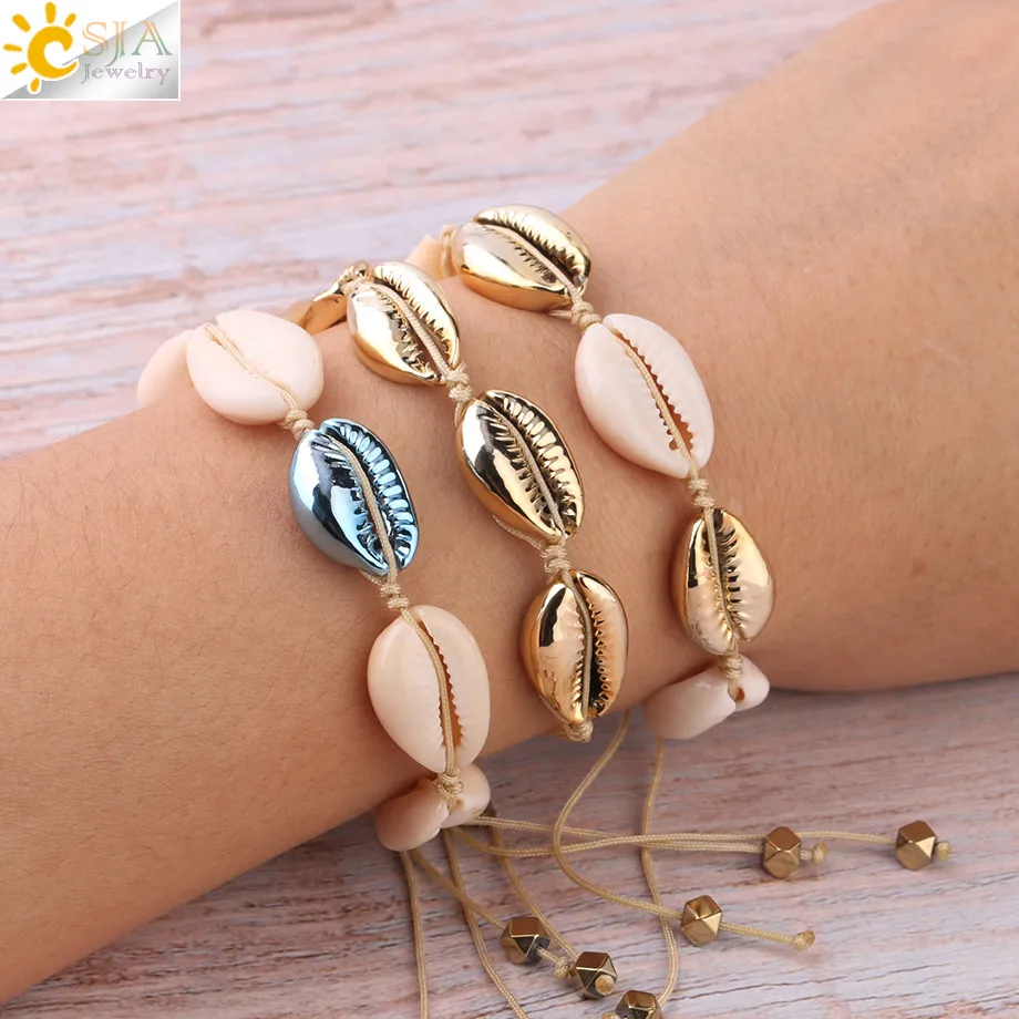 CSJA Natural Sea Shells Bracelets Seashell Bracelet White Gold Color Women Knit Beach Handmade Summer Holiday Jewelry S339