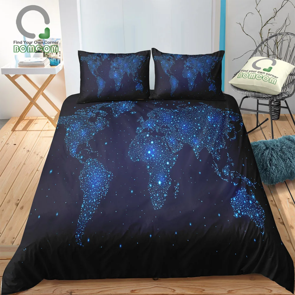 

BOMCOM 3D Digital Printing map print Duvet cover set world map night glitter blue light Bedding Set 100% Microfiber