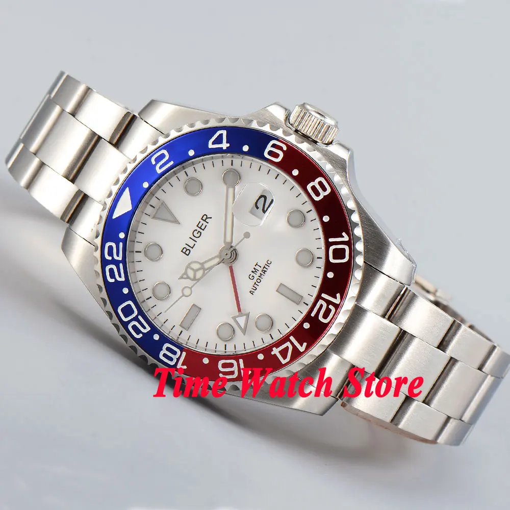 

Bliger Automatic GMT Watch for Men White Dial 40mm 43mm Mingzhu 3804 Movement Date Sapphire Crystal Aluminum or Ceramic Bezel