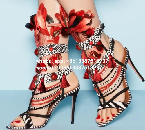 Luxury 2017 Summer Newest Multi Color Gladiator Cuts Out Red Pearls Tassel Fringed Feather High Heels Custom Sandals