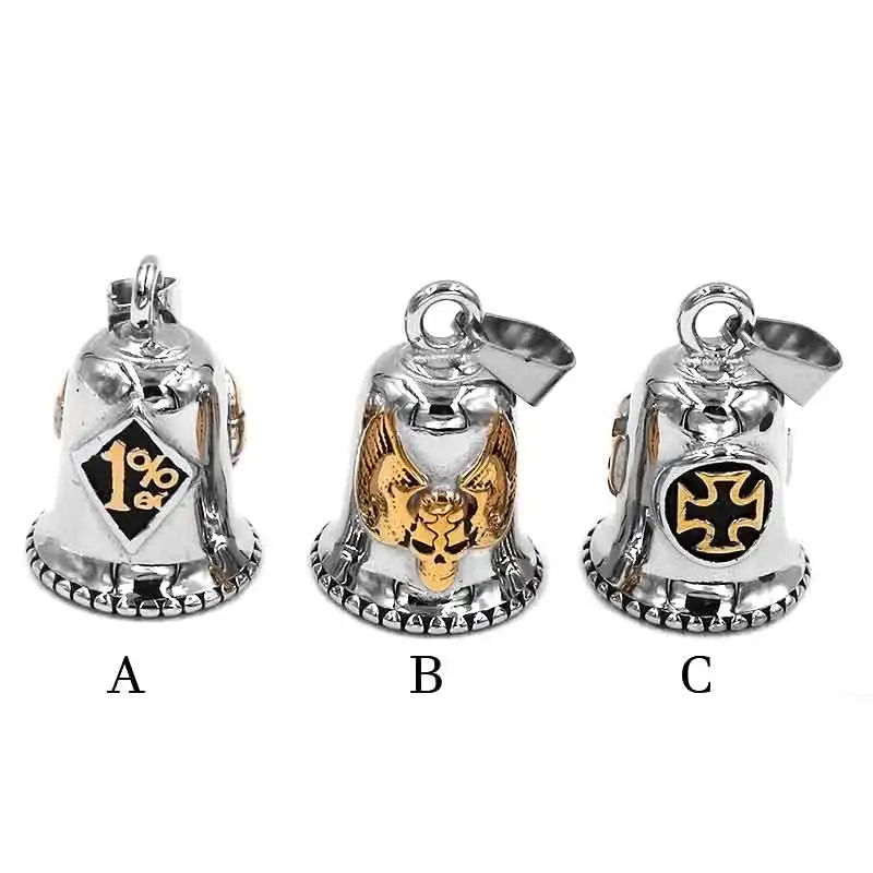 Skull Biker One Percent 1% er Bell Pendant Stainless Steel Number 13 Wings Cross Gift P0506A (Has steel ball, no bell sound)