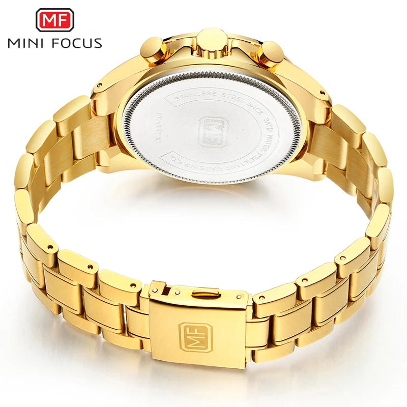 Mini focus relógio quartzo dourado azul, relógio masculino social de aço inoxidável cronógrafo para homens 0278g