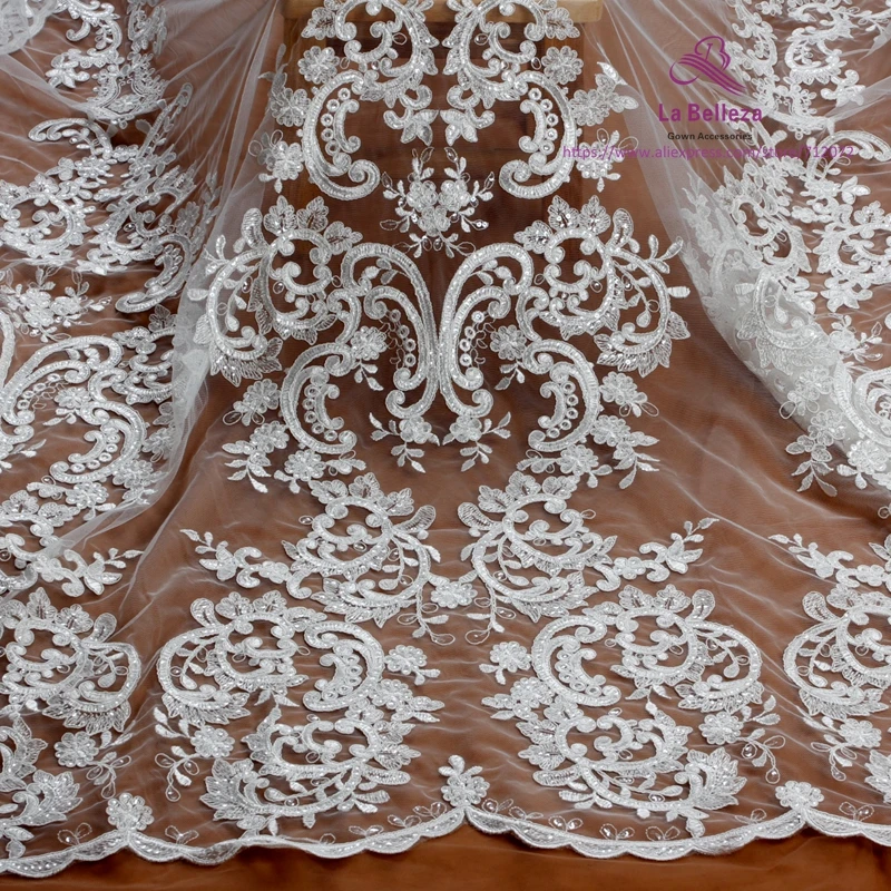 

La Belleza Ivory rayon with clear sequins large pattener wedding dress lace fabric 53'' width 1 yard