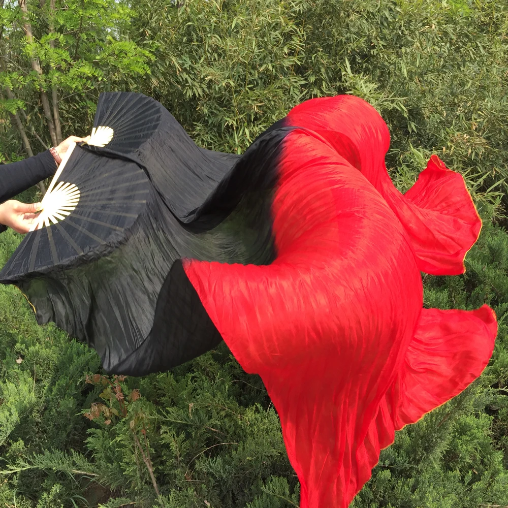 

Popular 180x90cm size Belly Dance Fans Veil nice pure real Silk material Black/Red dye mixed