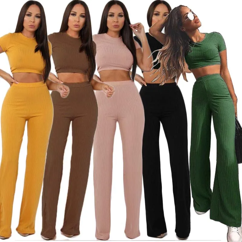 Women knitted long sleeve o-neck crop top wide leg pants 2 piece set for female women tops pants two pieces sets women\'s suits