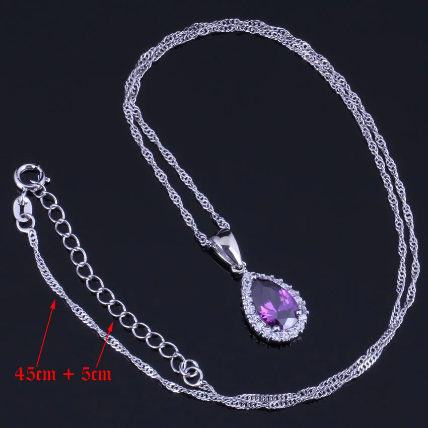 Divine Purple Cubic Zirconia White CZ Silver Plated Jewelry Sets Earrings Pendant Chain Ring V0327