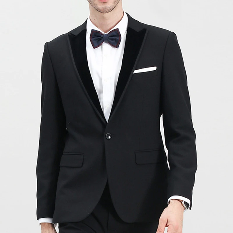 

High Quality One Button Black Groom Tuxedos Peak Lapel Groomsmen Mens Suits Blazers (Jacket+Pants+Tie) W:720