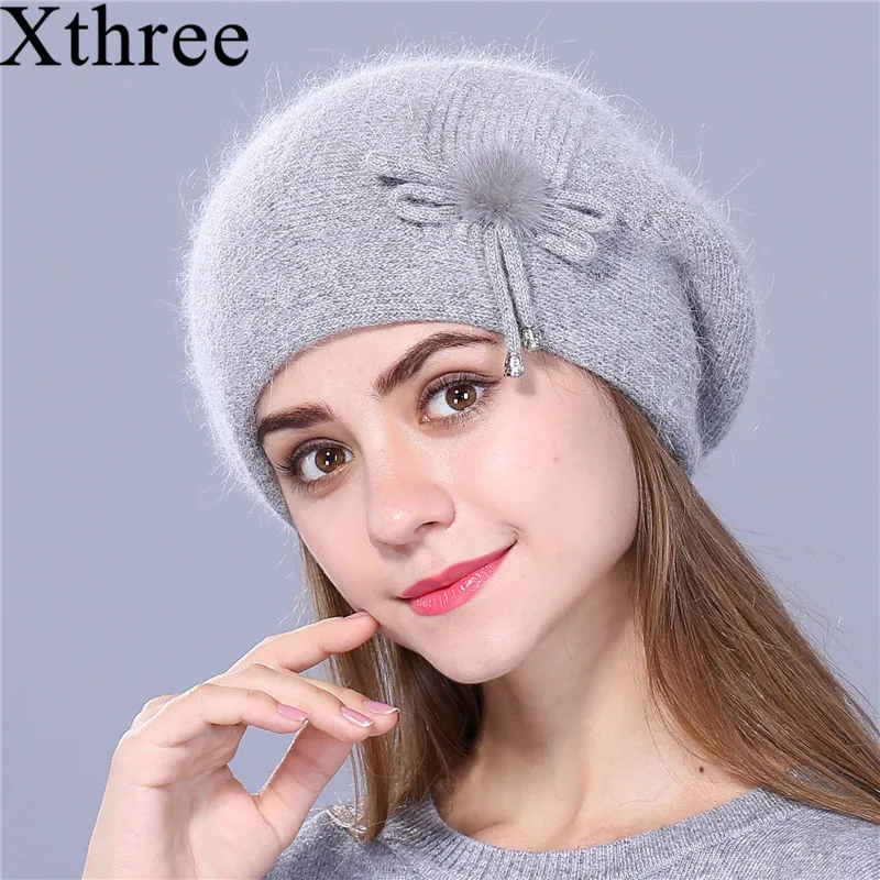 

Xthree Winter Beret Hat for Women Knitted Hat Rabbit fur Beret for Girl Solid Colors Fashion Lady Cap Good Quality