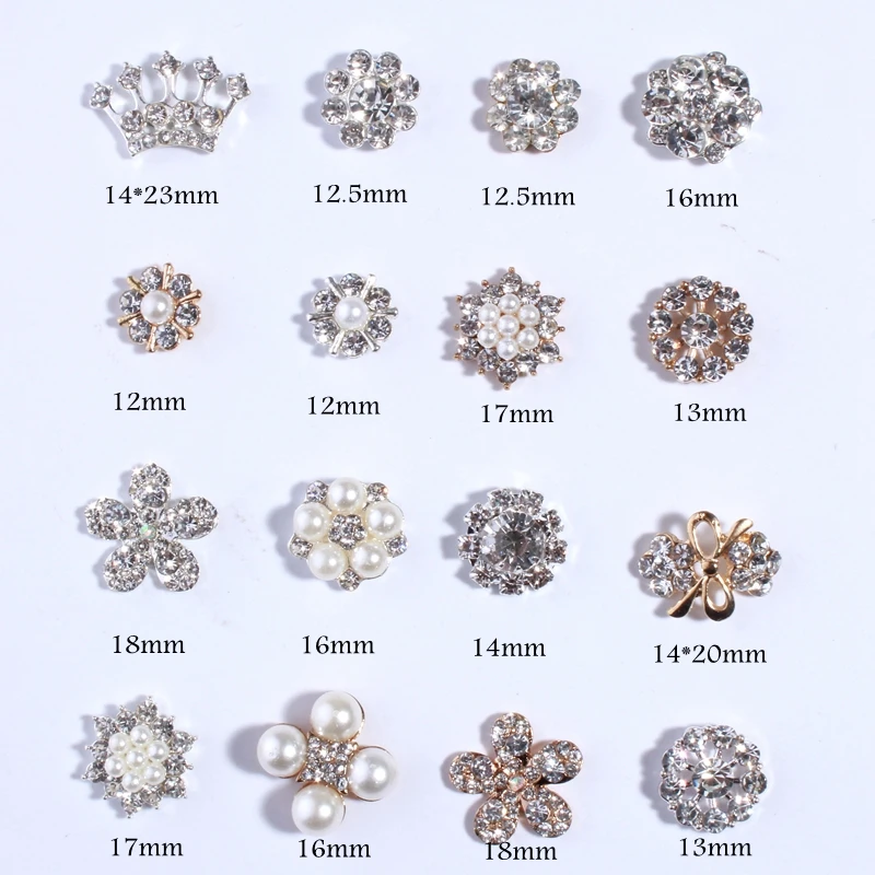 Chic Crystal Clear Rhinestone Botões, pérolas marfim para convites de casamento, botão decorativo liga de metal, U Pick, 10pcs