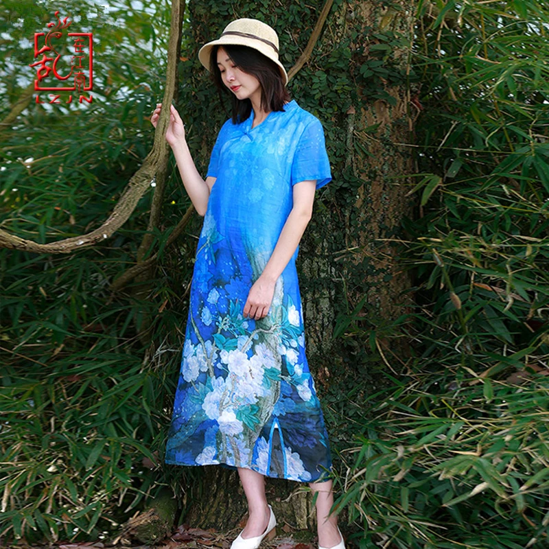 LZJN 2024 Women Girl's Summer Dress Flax Linen Cheongsam Qipao Collar Chinese Style Royal Blue Long Party Dress Vestido da festa