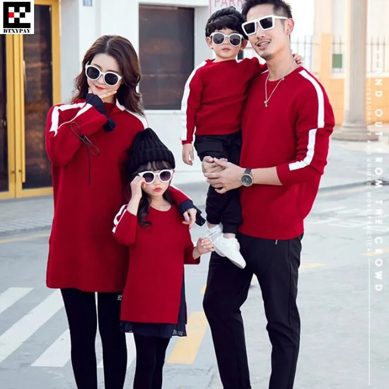 2019 Kid Parent-child Sweaters Man&Boy Family Matching Outfits Knitwear,Women&Girl Pleated Chiffon Stitching O Neck Knitted Tops