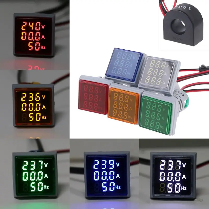 Digital 3in1 AC Ammeter Voltmeter Hz Current Frequency Meter Square Signal Light 22mm Digital Voltage Amp Hz Led Lamp Indicator