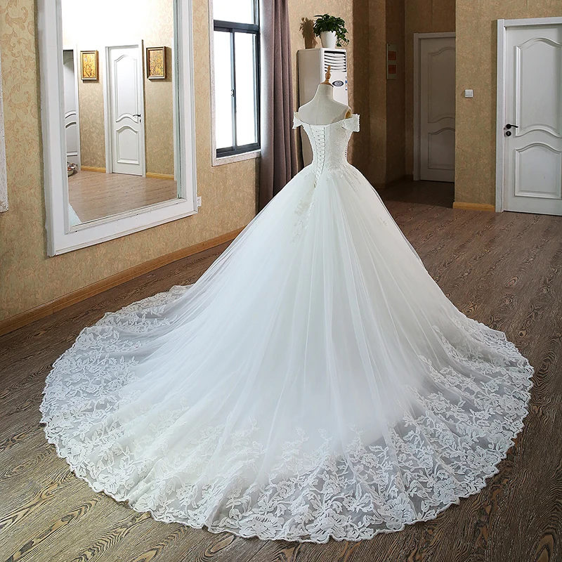SL-100 Customized White Ball Gown Bridal Dress mariage Vintage Muslim Plus Size Lace Wedding Dress 2020 Princess with Sleeve