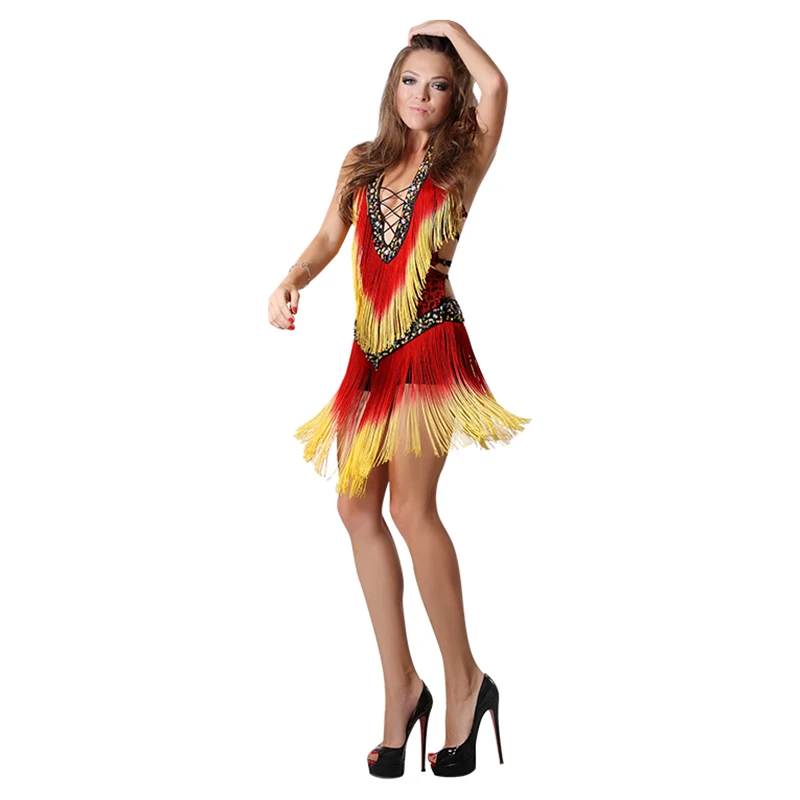 2018 New Ballroom Dance Dress Samba Costume  for Women Sexy Leopard Print Salsa Dresses with Tassels Latin Dress