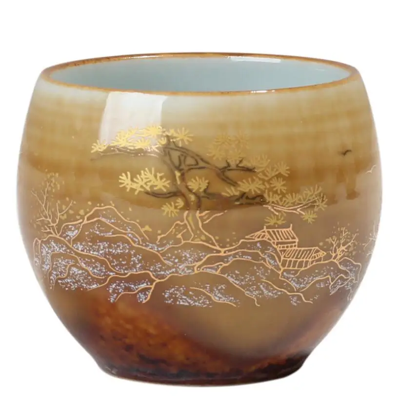 PINNY 100ML Outline In Gold Master Cup Pigmented Kung Fu Teacups Retro Traditional Chinese Drinkware Ceramic Glaze