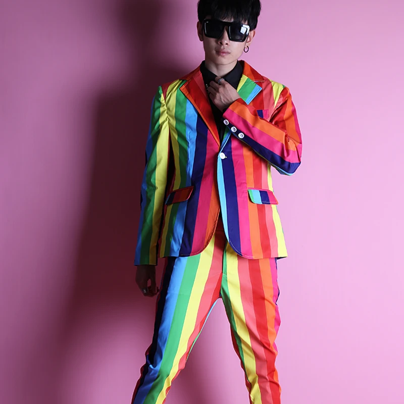 

New Rainbow Color Men's Slim Suit Jackets Nightclub Fashion Stage Costume Hair Stylist Coats Host Photo Studio Male Blazer Dress