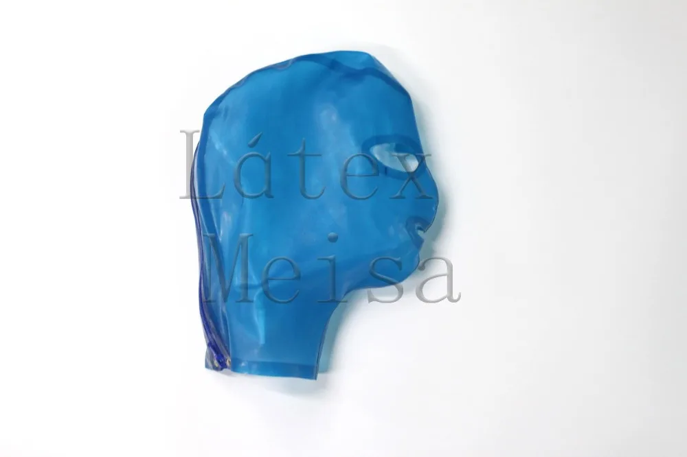 

Novelty transparent blue latex catsuit mask open eyes nostrils and mouth with back zip for adults