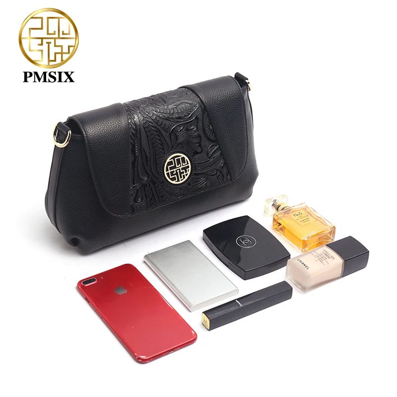 PMSIX 2020 Embossed Floral Genuine Leather Shoulder Bag Casual Black Ladies Cross-body Bag Long Straps Messenger Bags