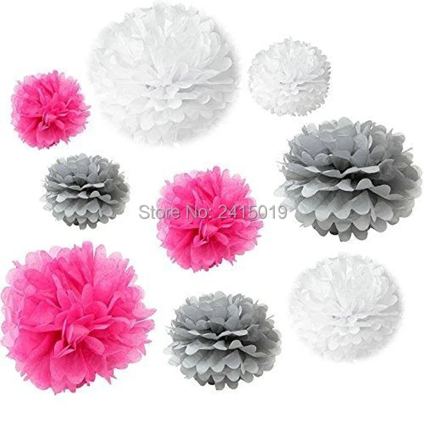 

24xNew mixed sizes hot pink silver white tissue paper bunting pom poms wedding party wall hanging decorative banner garland