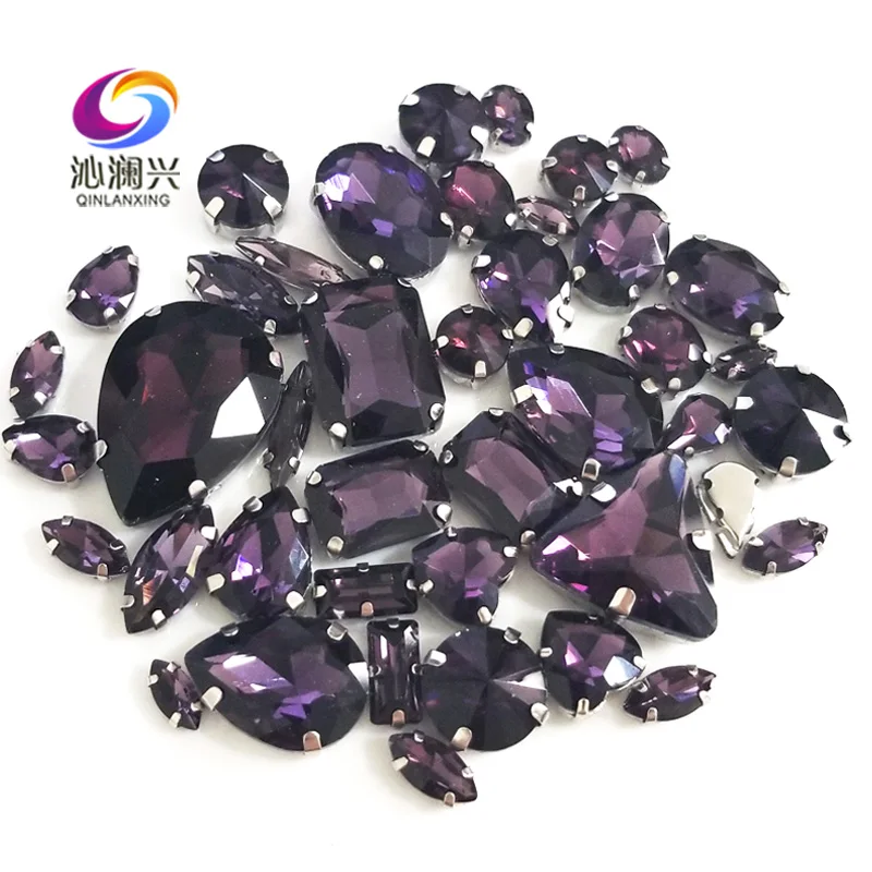 68pcs/bag Deep Purple Mix Size Top Glass Crystal Rhinestones, Mix Shape Sew on Stones for Needlework Diy/Clothing Accessories