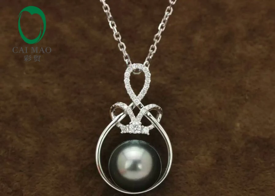 

14k White Gold precious Black Pearl& 0.22ct Diamond Pendant manufacturer Free Shipping