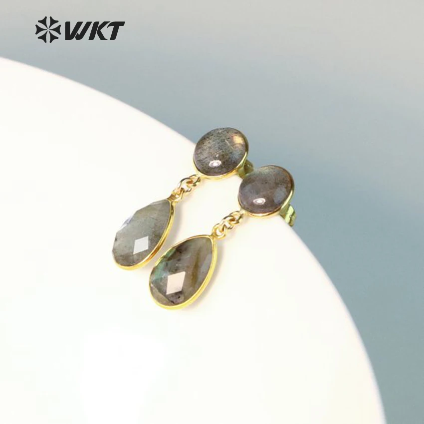 WT-E457 Women Dainty Jewelry Earring Natural Labradorite Stone With  Metal Plated Tear's Drop Faceted Stone Bridal Earring