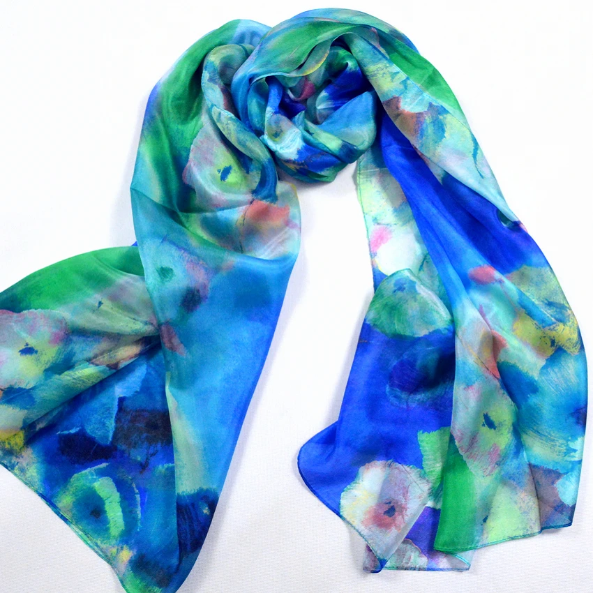 2022 Women Winter Long Scarf Shawl Spring Autumn Female Blue Silk Scarves Printed Summer 100% Mulberry Silk Beach Cover-ups