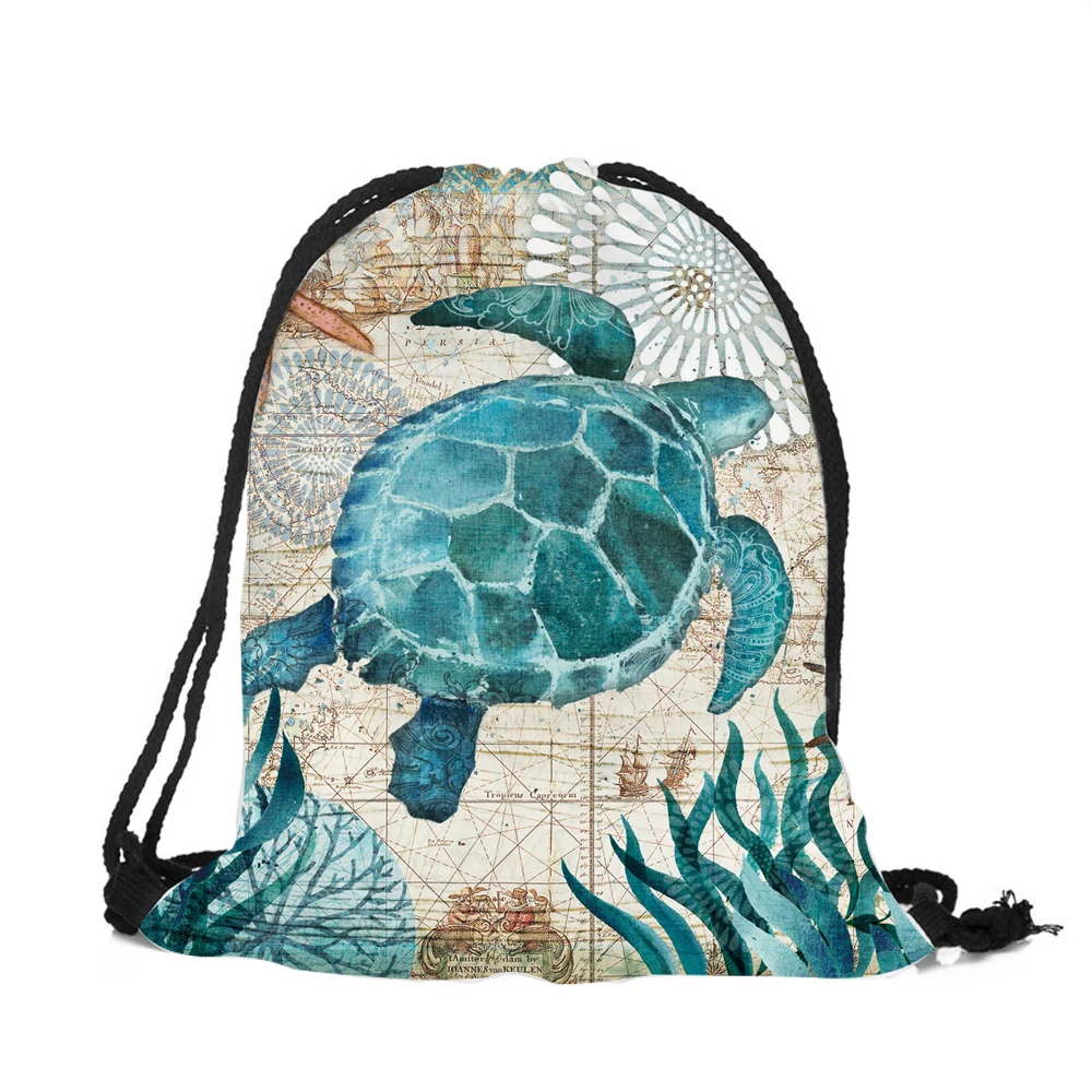 Blue marine animal Women Backpack Seahorse Turtle Octopus 3D Printing Travel Shoulder Bags Mochila Men GYM Sack Drawstring Bag