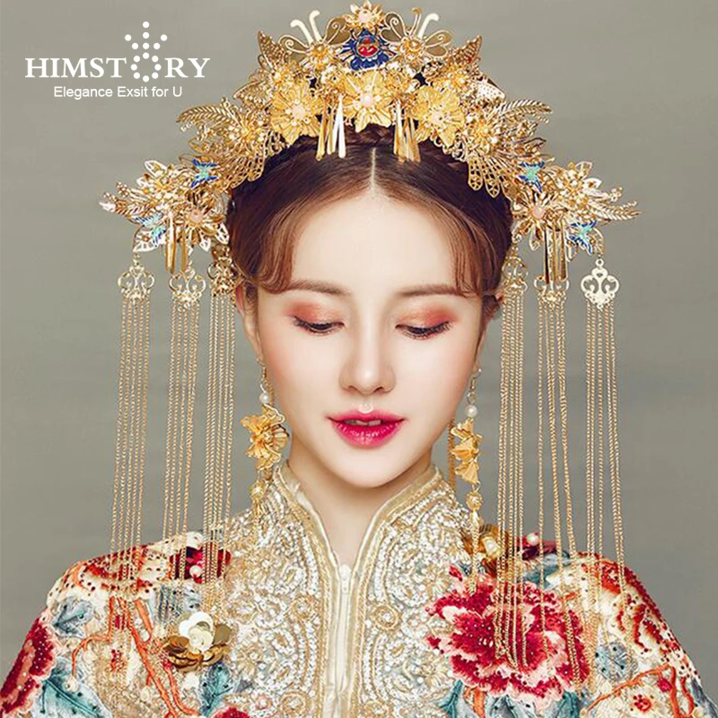 HIMSTORY Elegance Chinese Vintage Wedding Bridal Hair Accessory Traditional Gold Color Flower Bride Hair Combs Tiaras Hairwear