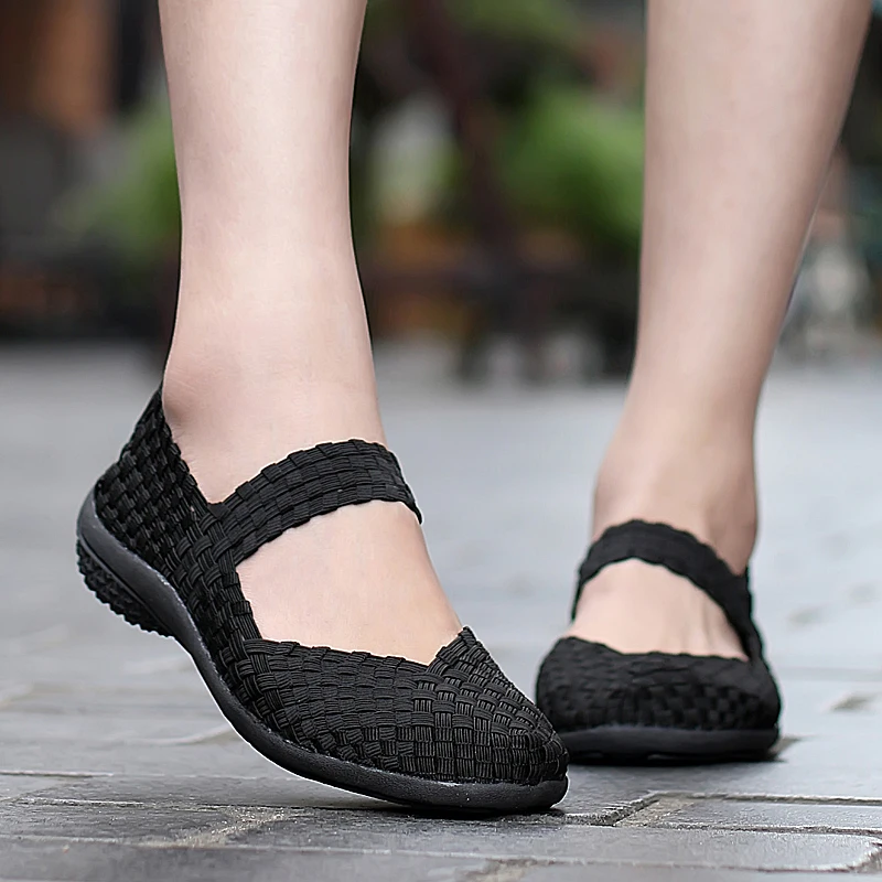 Womens Woven Sneakers Slip On Flat Woman Gym Shoes Non-slip Soft Female Summer Footwear Leisure Loafers Black Sneaker Plus Size