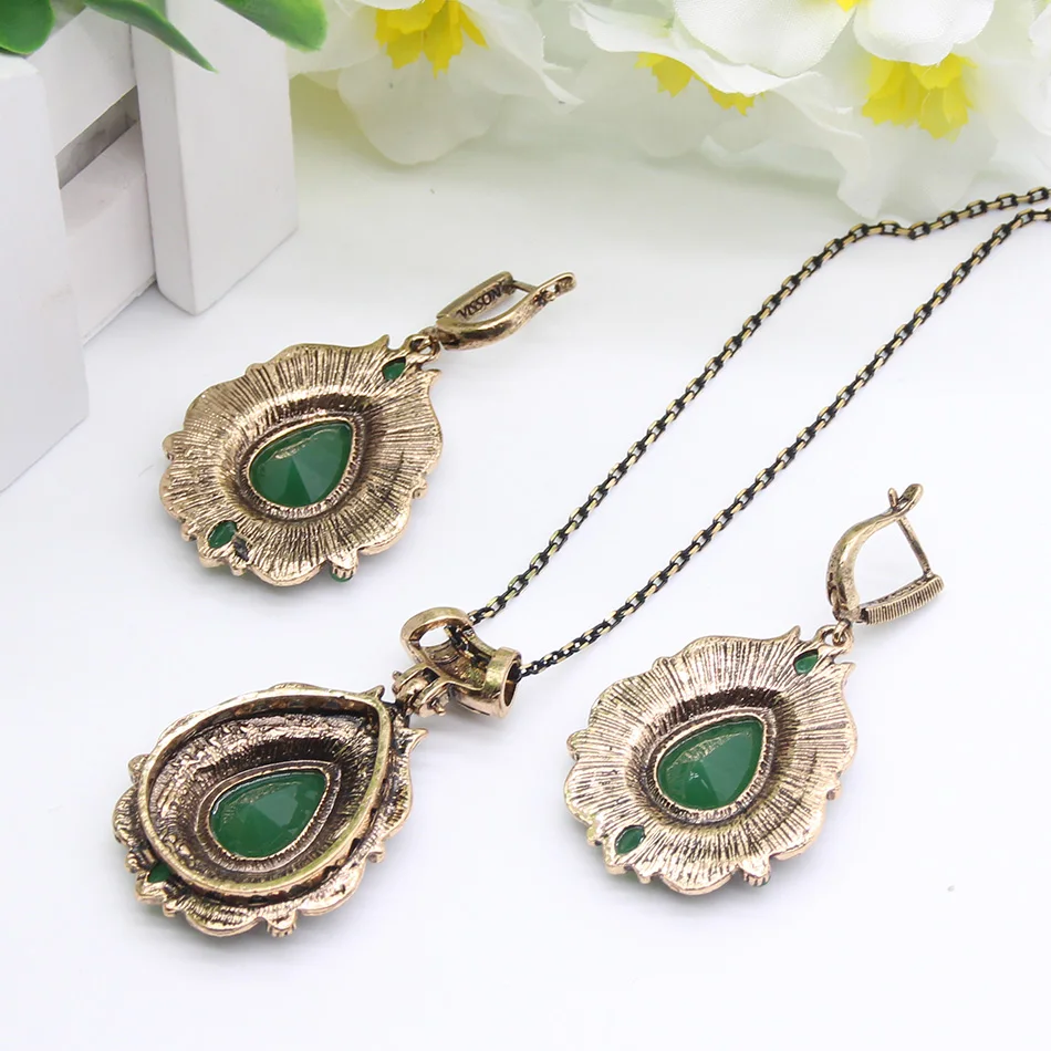 Exquisite Turkish  Women Flower Resin Jewelry Sets Hook Earring Antique Gold Color Vintage Ring Nigeria India Crystal Necklace