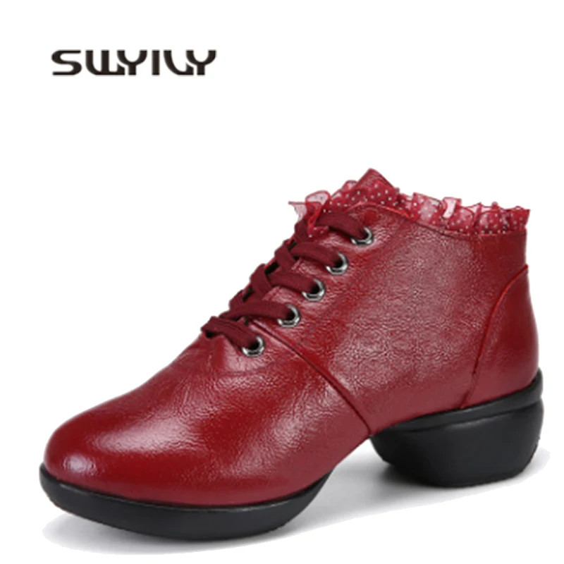 

SWYIVY Dance Shoes Woman Wedge Sport Sneakers Platform 2019 Autumn Hallow Breathable Lace High Top Female Dance Sport Shoes