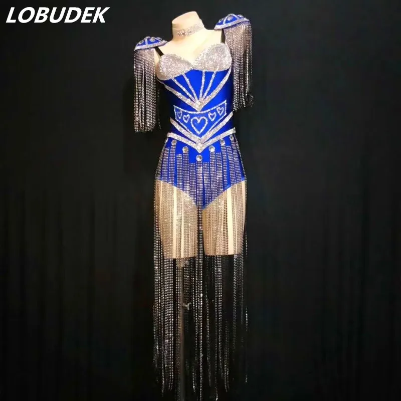 

Blue Rhinestones Tassel Bodysuit DJ Singer Dancer Women Sexy Stage Wear Birthday Celebrate Party Show Outfit Nightclub Costume