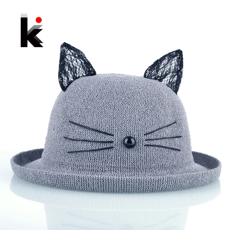 Summer Straw Hat With Cute Cat Ears For Women Wide Brim Beach Hats Headgear For Girls Casual Sun cap Chapeau Paille Feminino