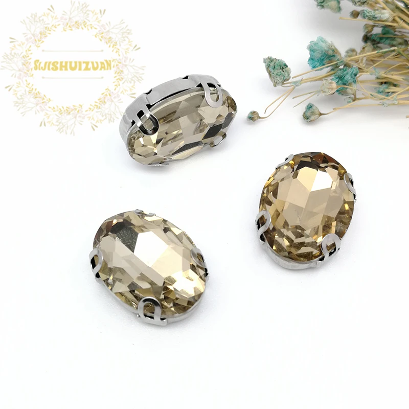 Oval Light Coffee Shape Glass Rhinestones With D Claw silver Sew On Crystal Stone Diamond Metal Base Buckle For Clothes