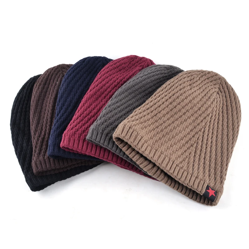 Solid color Winter hats for men plus velvet keep warm beanies man Knitted wool bonnet Red Star hat Hip Hop caps Autumn gorros